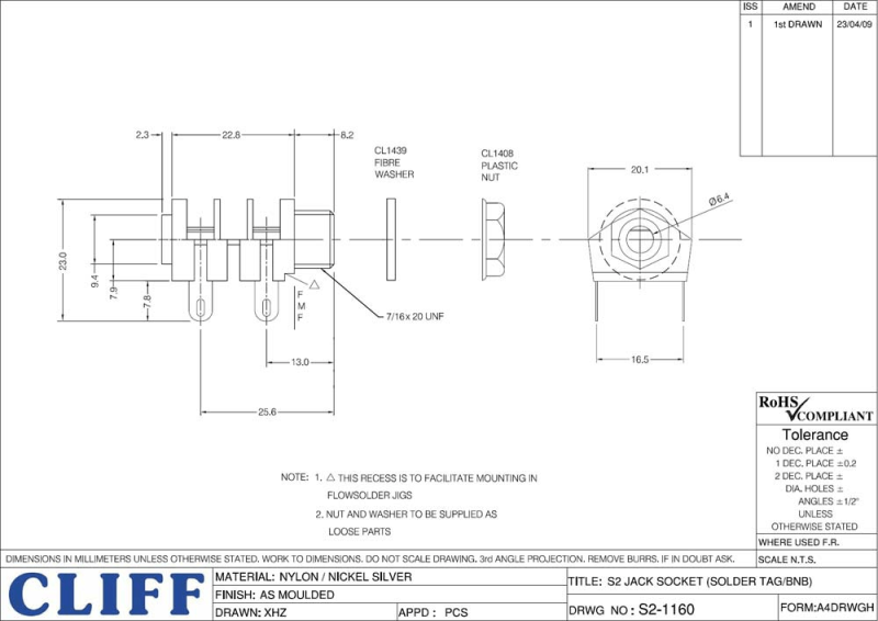 Cliff 6,3 mono input jack