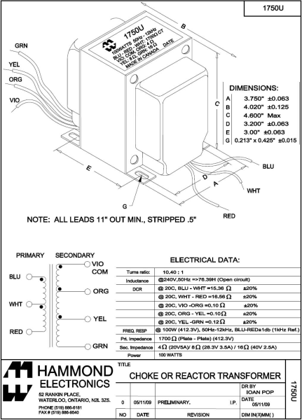 Hammond 1750U Outputtransformer for Marshall JCM800 100 Watt