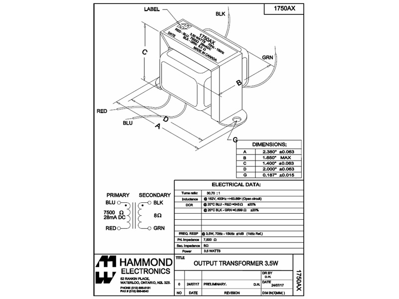 Hammond 1750AX für Fender Blackface Reverb 125A12A, 47605