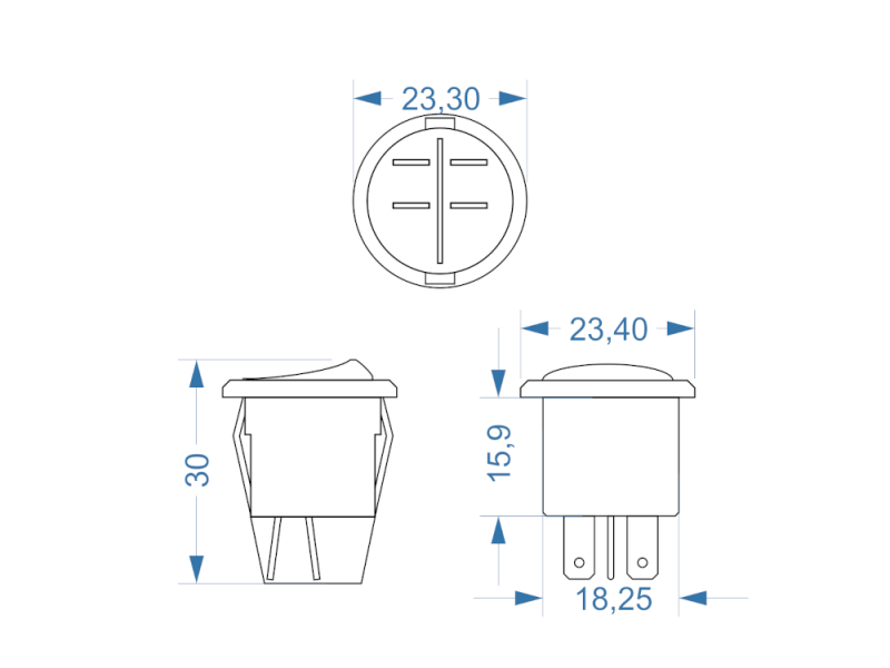 Rocker switch, 2 position, DPST, ON-OFF