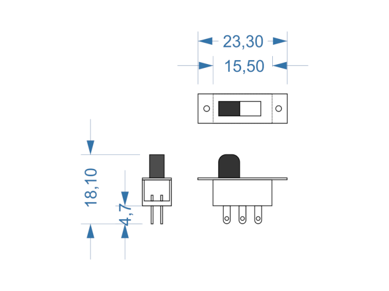 Slide Switch Universal Miniatur, DPDT ON-ON